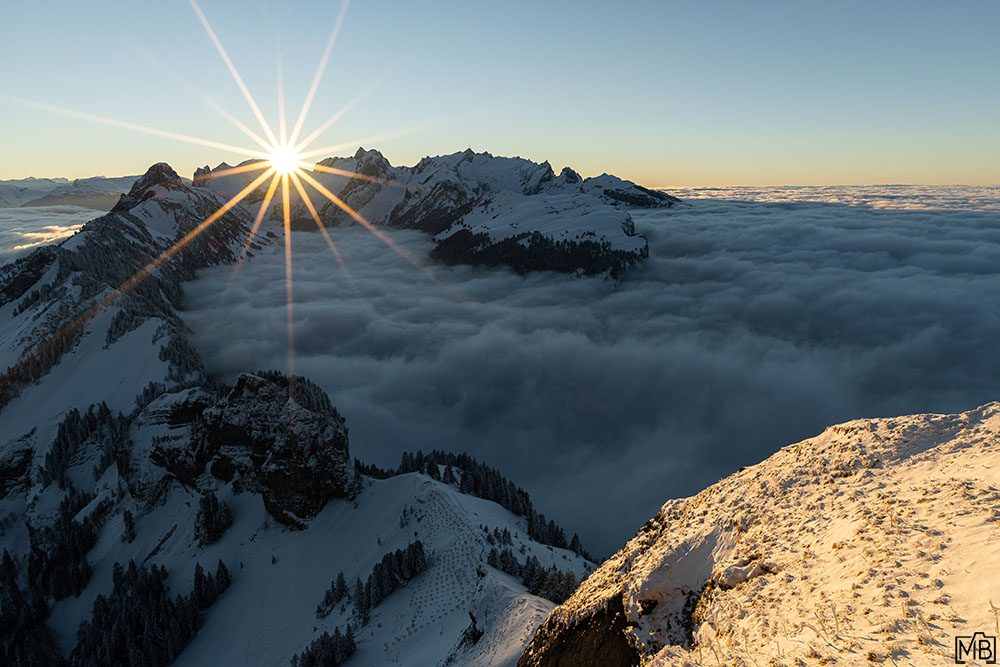 Winter Winterlandschaft Alpstein Hoher Kasten St. Gallen Appenzellerland Schweiz Sonnenuntergang